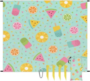 Beach Blanket, Cute Fruit Sandproof Beach Mat, Waterproof Quick Drying Sand Free Mat with 4 x Ground Spikes for Outdoor Travel Camping Hiking, Watermelon 68 x 59 in