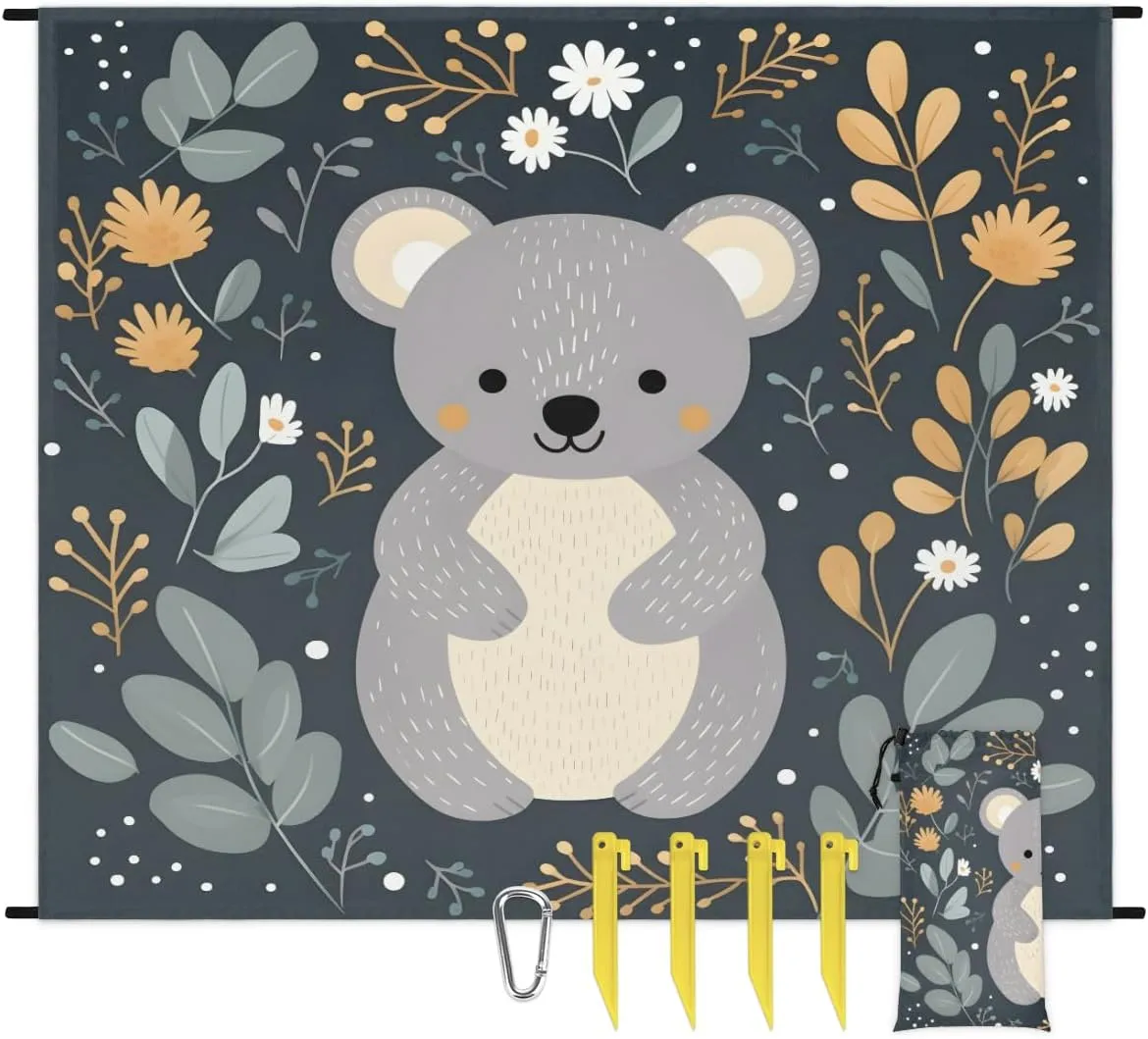Beach Blanket, Cute Koala Sandproof Beach Mat, Waterproof Quick Drying Sand Free Mat with 4 x Ground Spikes for Outdoor Travel Camping Hiking, Koala 68 x 59 in