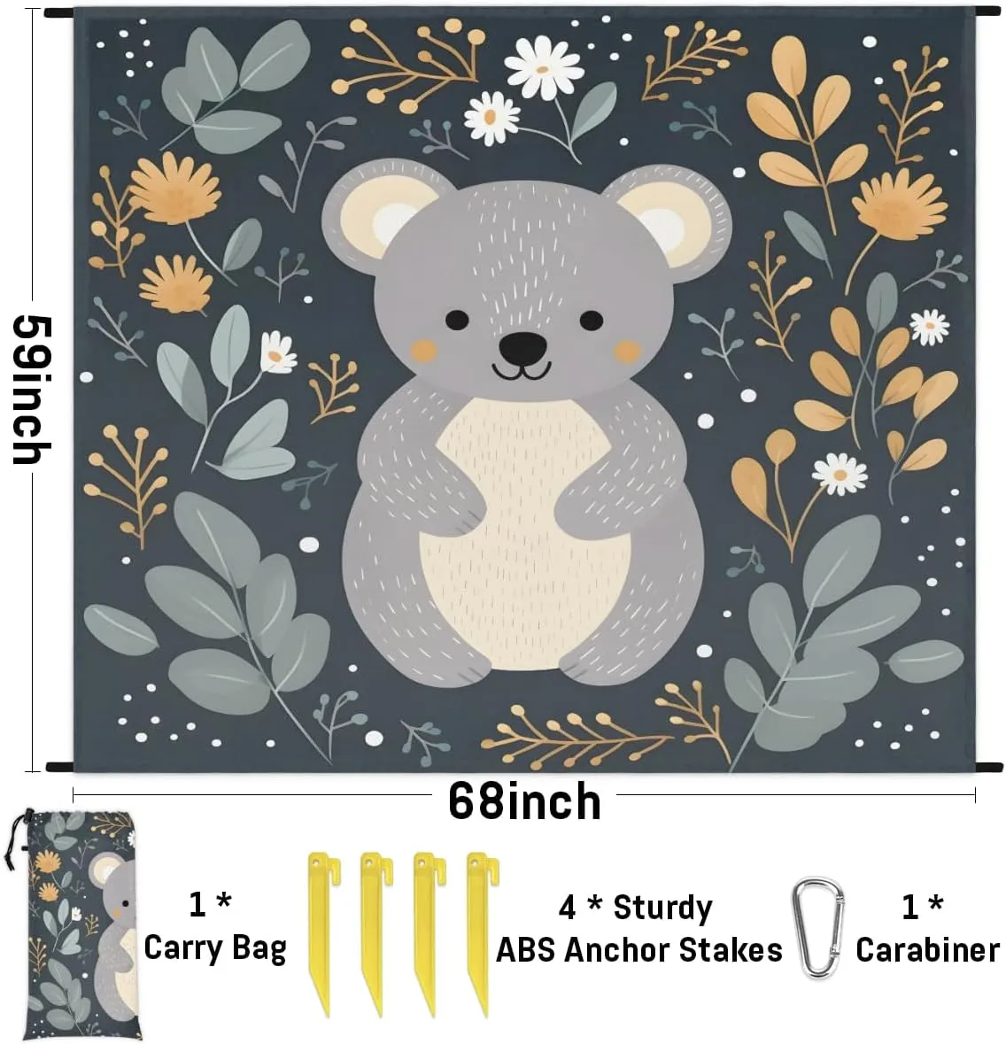 Beach Blanket, Cute Koala Sandproof Beach Mat, Waterproof Quick Drying Sand Free Mat with 4 x Ground Spikes for Outdoor Travel Camping Hiking, Koala 68 x 59 in