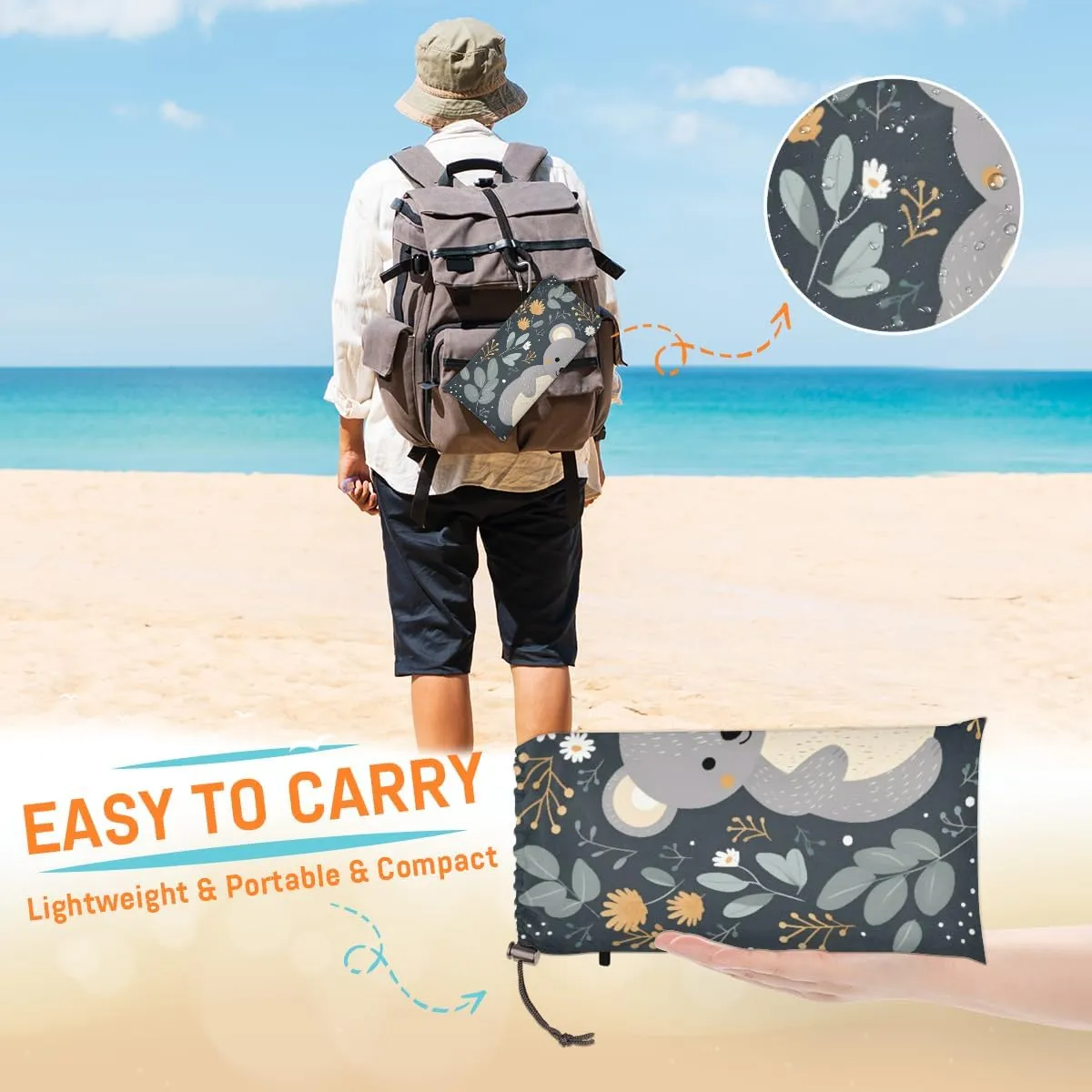 Beach Blanket, Cute Koala Sandproof Beach Mat, Waterproof Quick Drying Sand Free Mat with 4 x Ground Spikes for Outdoor Travel Camping Hiking, Koala 68 x 59 in