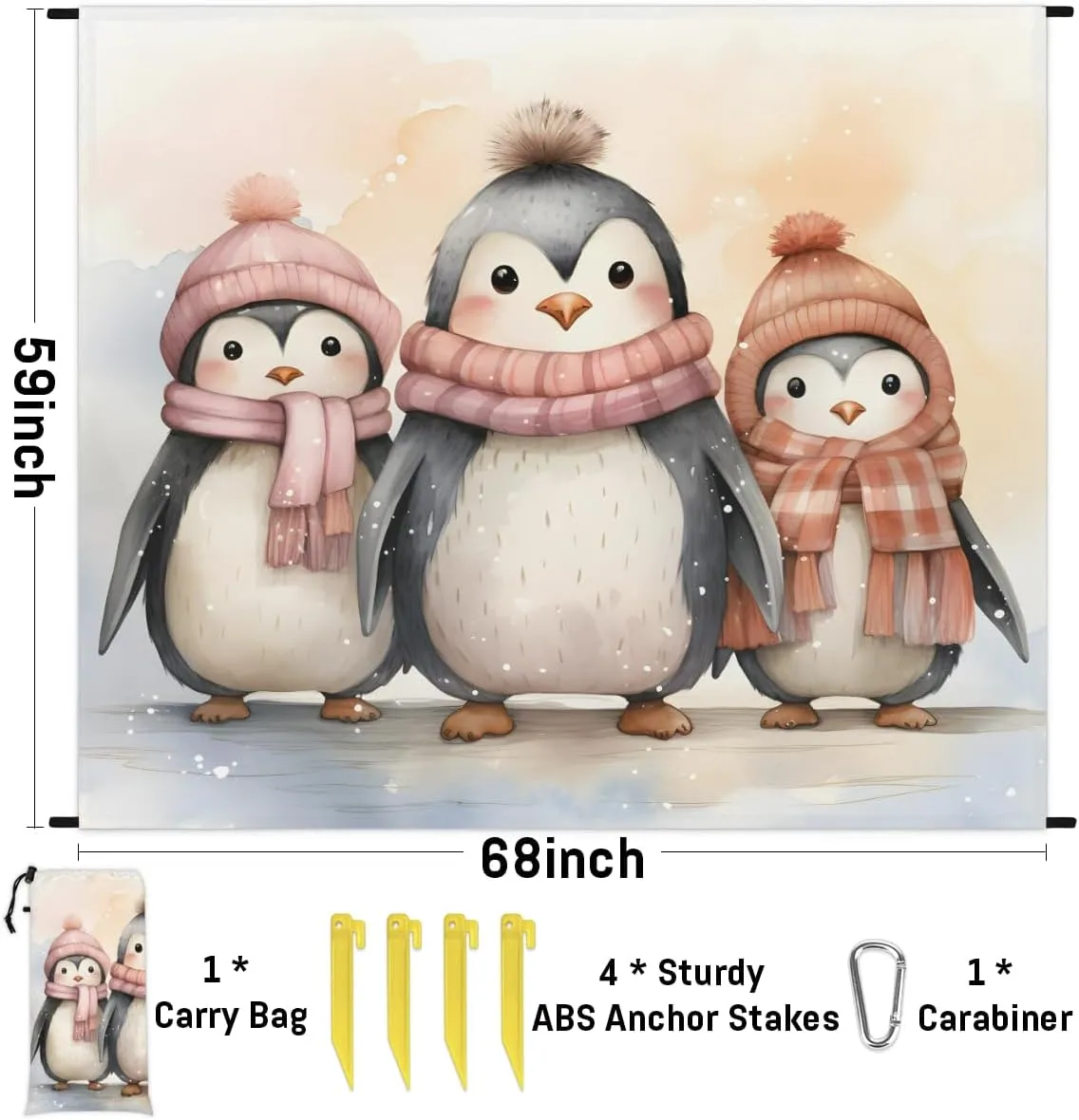 Beach Blanket, Cute Penguin Sandproof Beach Mat, Waterproof Quick Drying Sand Free Mat with 4 x Ground Spikes for Outdoor Travel Camping Hiking, Winter Penguin 68 x 59 in