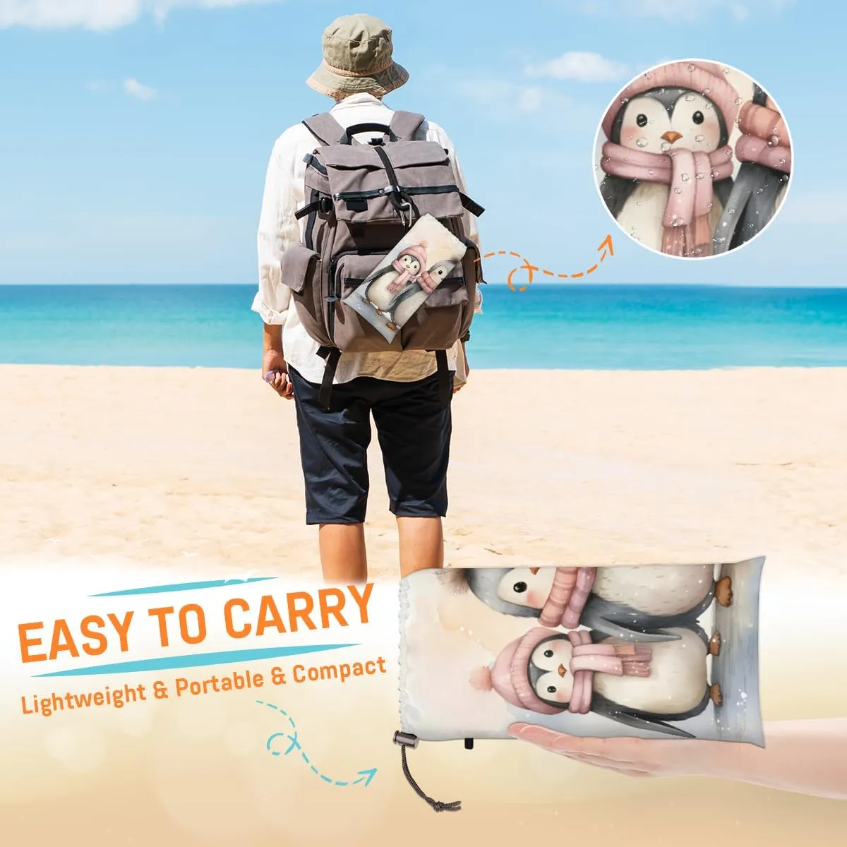 Beach Blanket, Cute Penguin Sandproof Beach Mat, Waterproof Quick Drying Sand Free Mat with 4 x Ground Spikes for Outdoor Travel Camping Hiking, Winter Penguin 68 x 59 in