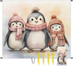 Beach Blanket, Cute Penguin Sandproof Beach Mat, Waterproof Quick Drying Sand Free Mat with 4 x Ground Spikes for Outdoor Travel Camping Hiking, Winter Penguin 68 x 59 in