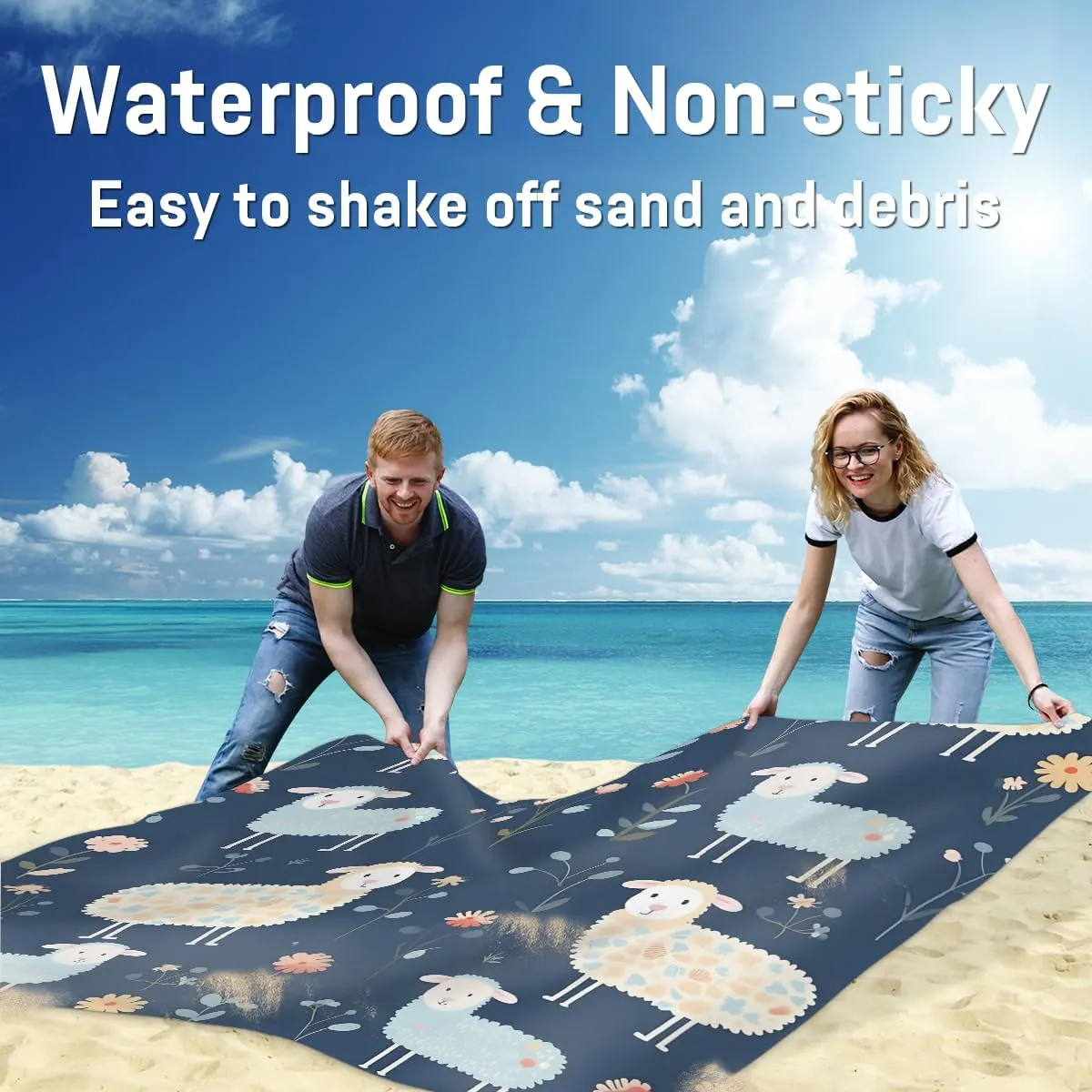 Beach Blanket, Cute Sheep Sandproof Beach Mat, Waterproof Quick Drying Sand Free Mat with 4 x Ground Spikes for Outdoor Travel Camping Hiking, Cartoon Sheep 68 x 59 in
