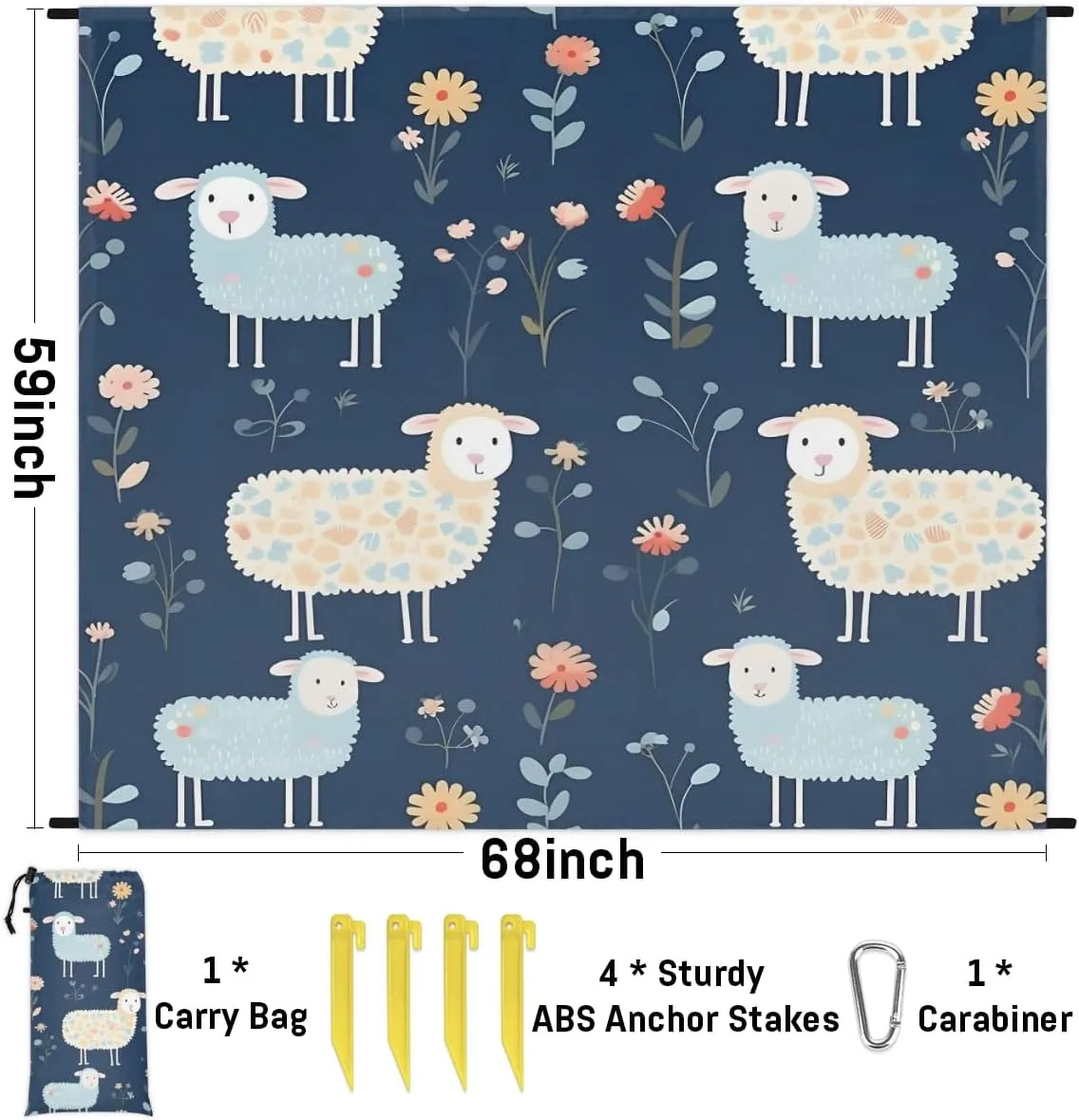 Beach Blanket, Cute Sheep Sandproof Beach Mat, Waterproof Quick Drying Sand Free Mat with 4 x Ground Spikes for Outdoor Travel Camping Hiking, Cartoon Sheep 68 x 59 in