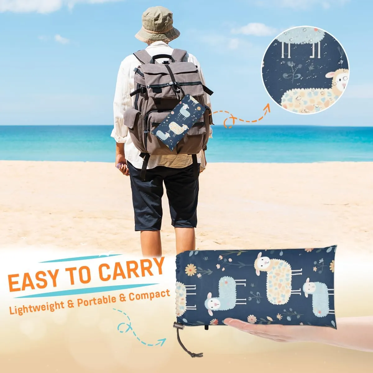 Beach Blanket, Cute Sheep Sandproof Beach Mat, Waterproof Quick Drying Sand Free Mat with 4 x Ground Spikes for Outdoor Travel Camping Hiking, Cartoon Sheep 68 x 59 in
