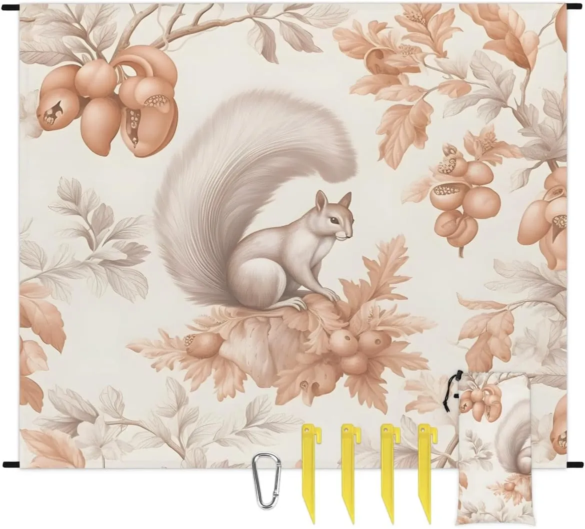 Beach Blanket, Cute Squirrel Sandproof Beach Mat, Waterproof Quick Drying Sand Free Mat with 4 x Ground Spikes for Outdoor Travel Camping Hiking, Squirrel 68 x 59 in