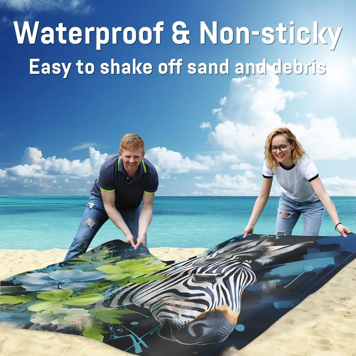 Beach Blanket, Cute Zebra Sandproof Beach Mat, Waterproof Quick Drying Sand Free Mat with 4 x Ground Spikes for Outdoor Travel Camping Hiking, Summer Flower Zebra 68 x 59 in