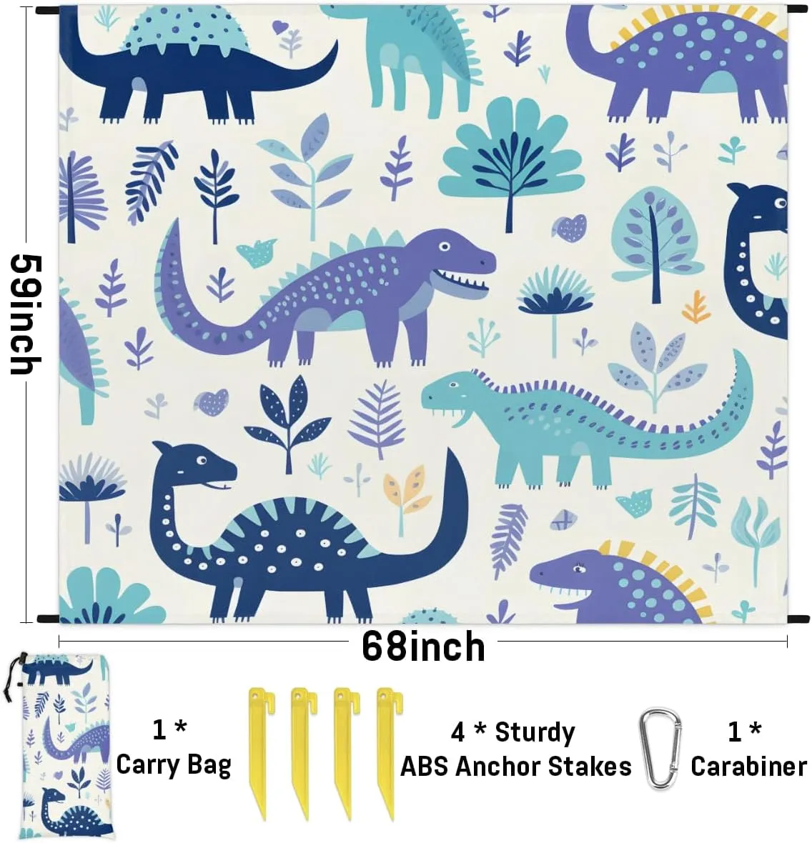 Beach Blanket, Dinosaur Theme Sandproof Beach Mat, Waterproof Quick Drying Sand Free Mat with 4 x Ground Spikes for Outdoor Travel Camping Hiking, Dinosaur 68 x 59 in