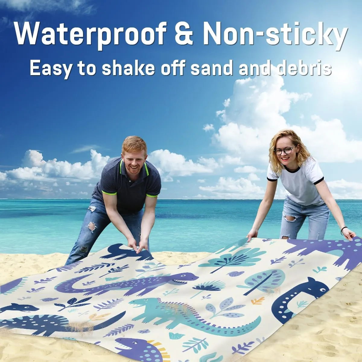 Beach Blanket, Dinosaur Theme Sandproof Beach Mat, Waterproof Quick Drying Sand Free Mat with 4 x Ground Spikes for Outdoor Travel Camping Hiking, Dinosaur 68 x 59 in