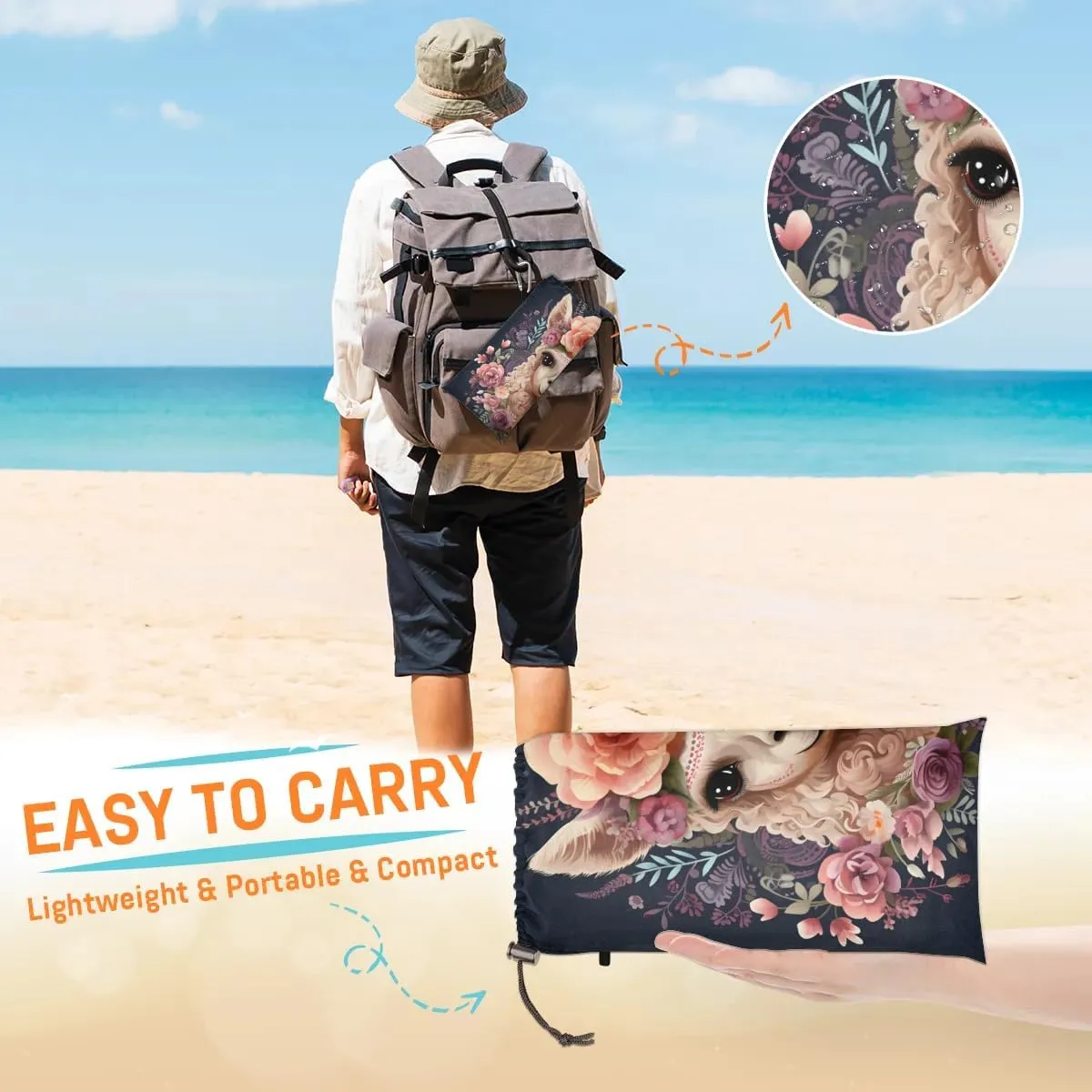 Beach Blanket, Funny Alpaca Sandproof Beach Mat, Waterproof Quick Drying Sand Free Mat with 4 x Ground Spikes for Outdoor Travel Camping Hiking, Alpaca Flower Cute Llama Rose 68 x 59 in
