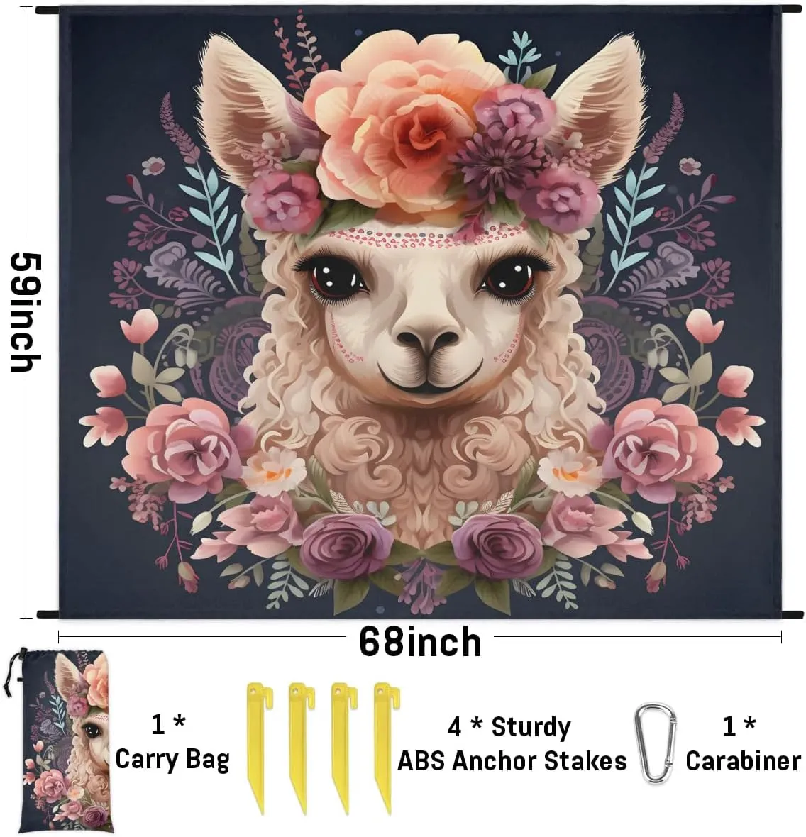 Beach Blanket, Funny Alpaca Sandproof Beach Mat, Waterproof Quick Drying Sand Free Mat with 4 x Ground Spikes for Outdoor Travel Camping Hiking, Alpaca Flower Cute Llama Rose 68 x 59 in