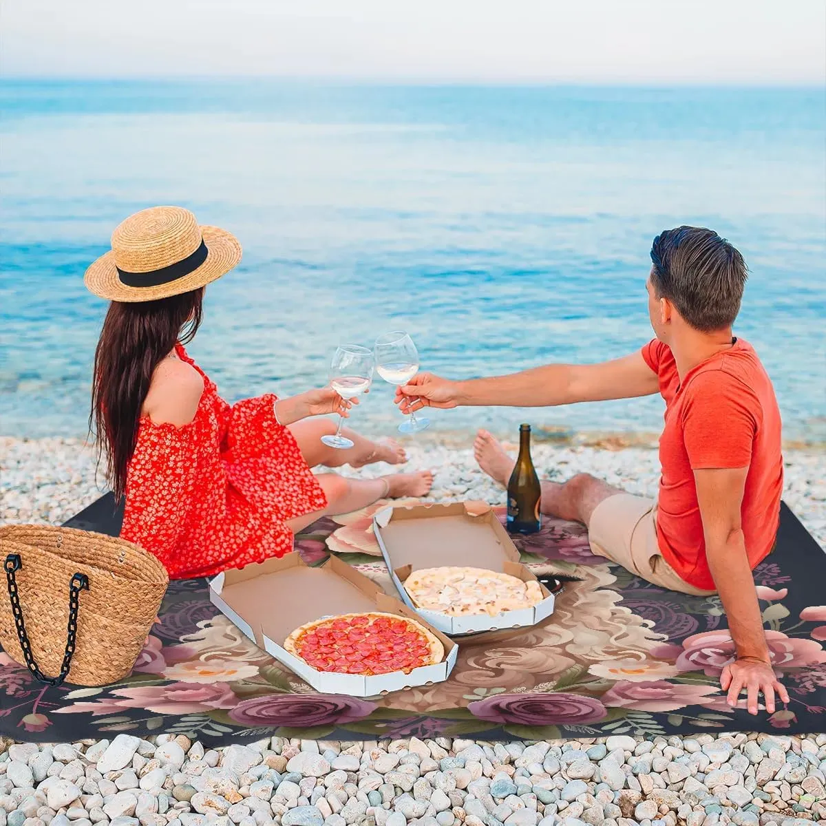 Beach Blanket, Funny Alpaca Sandproof Beach Mat, Waterproof Quick Drying Sand Free Mat with 4 x Ground Spikes for Outdoor Travel Camping Hiking, Alpaca Flower Cute Llama Rose 68 x 59 in
