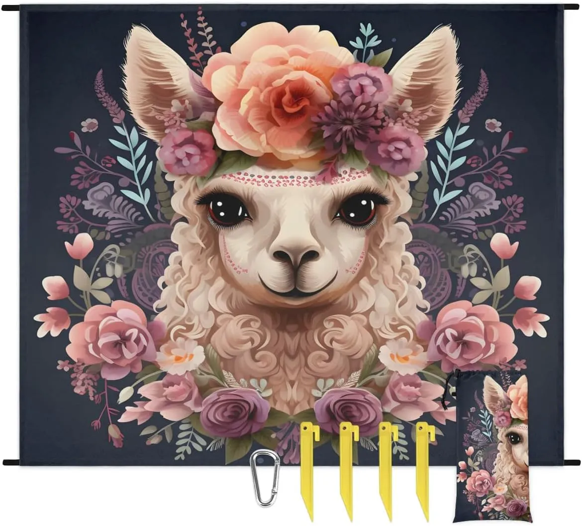 Beach Blanket, Funny Alpaca Sandproof Beach Mat, Waterproof Quick Drying Sand Free Mat with 4 x Ground Spikes for Outdoor Travel Camping Hiking, Alpaca Flower Cute Llama Rose 68 x 59 in