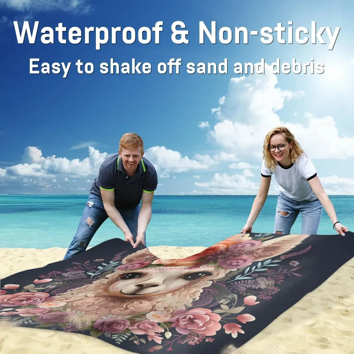 Beach Blanket, Funny Alpaca Sandproof Beach Mat, Waterproof Quick Drying Sand Free Mat with 4 x Ground Spikes for Outdoor Travel Camping Hiking, Alpaca Flower Cute Llama Rose 68 x 59 in