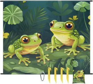 Beach Blanket, Green Frogs Sandproof Beach Mat, Waterproof Quick Drying Sand Free Mat with 4 x Ground Spikes for Outdoor Travel Camping Hiking, Cute Cartoon Frog 68 x 59 in