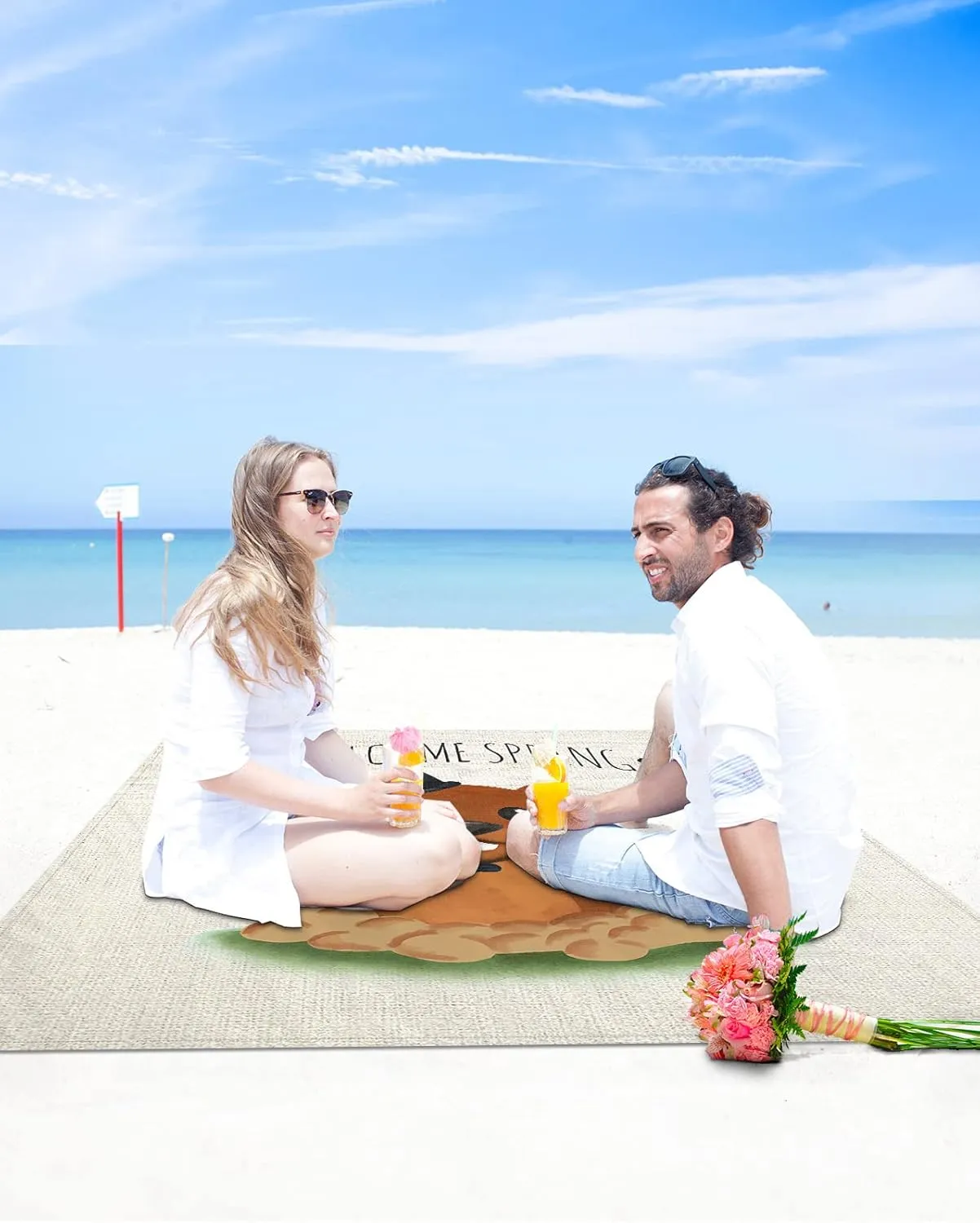 Beach Blanket, Groundhog Day Welcome Spring Cute Cotton Linen Background Beach Mat 83"x79" Large Picnic Blanket,Sandproof Waterproof Outdoor Beach Blankets for Travel Camping Hiking Beach Vacation