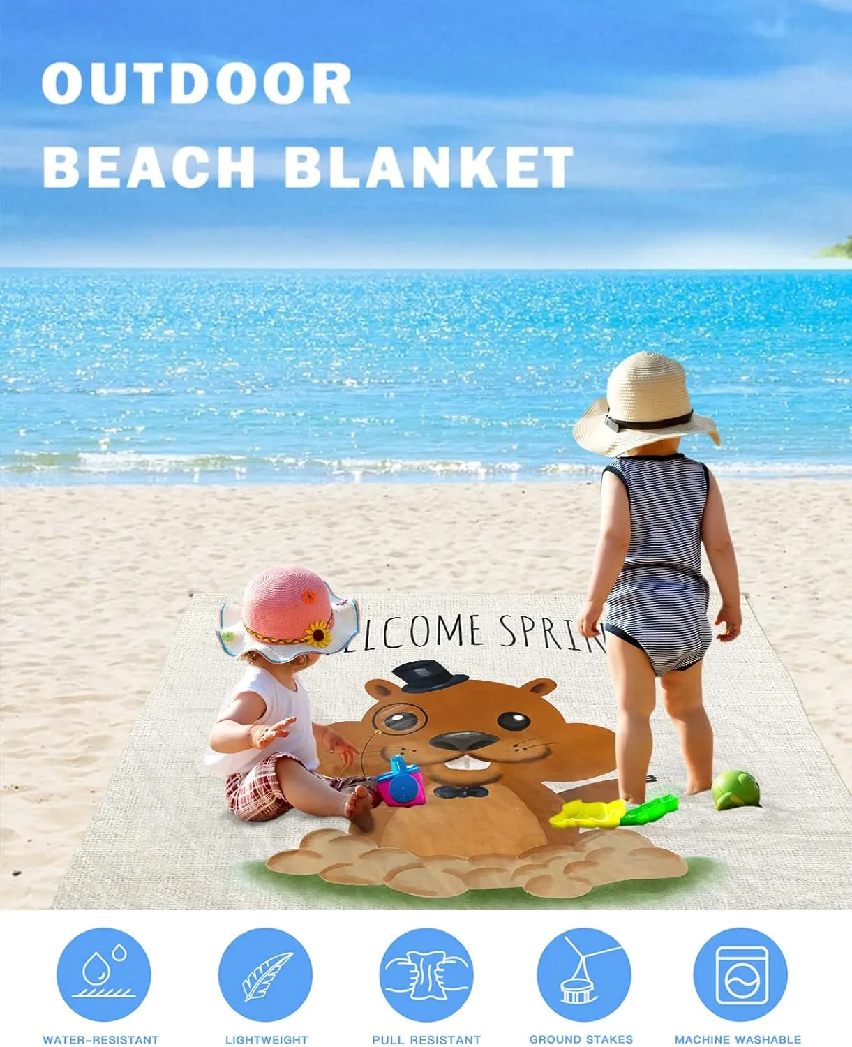 Beach Blanket, Groundhog Day Welcome Spring Cute Cotton Linen Background Beach Mat 83"x79" Large Picnic Blanket,Sandproof Waterproof Outdoor Beach Blankets for Travel Camping Hiking Beach Vacation
