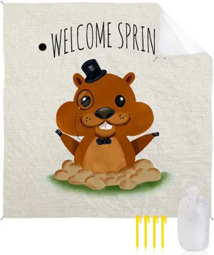Beach Blanket, Groundhog Day Welcome Spring Cute Cotton Linen Background Beach Mat 83"x79" Large Picnic Blanket,Sandproof Waterproof Outdoor Beach Blankets for Travel Camping Hiking Beach Vacation