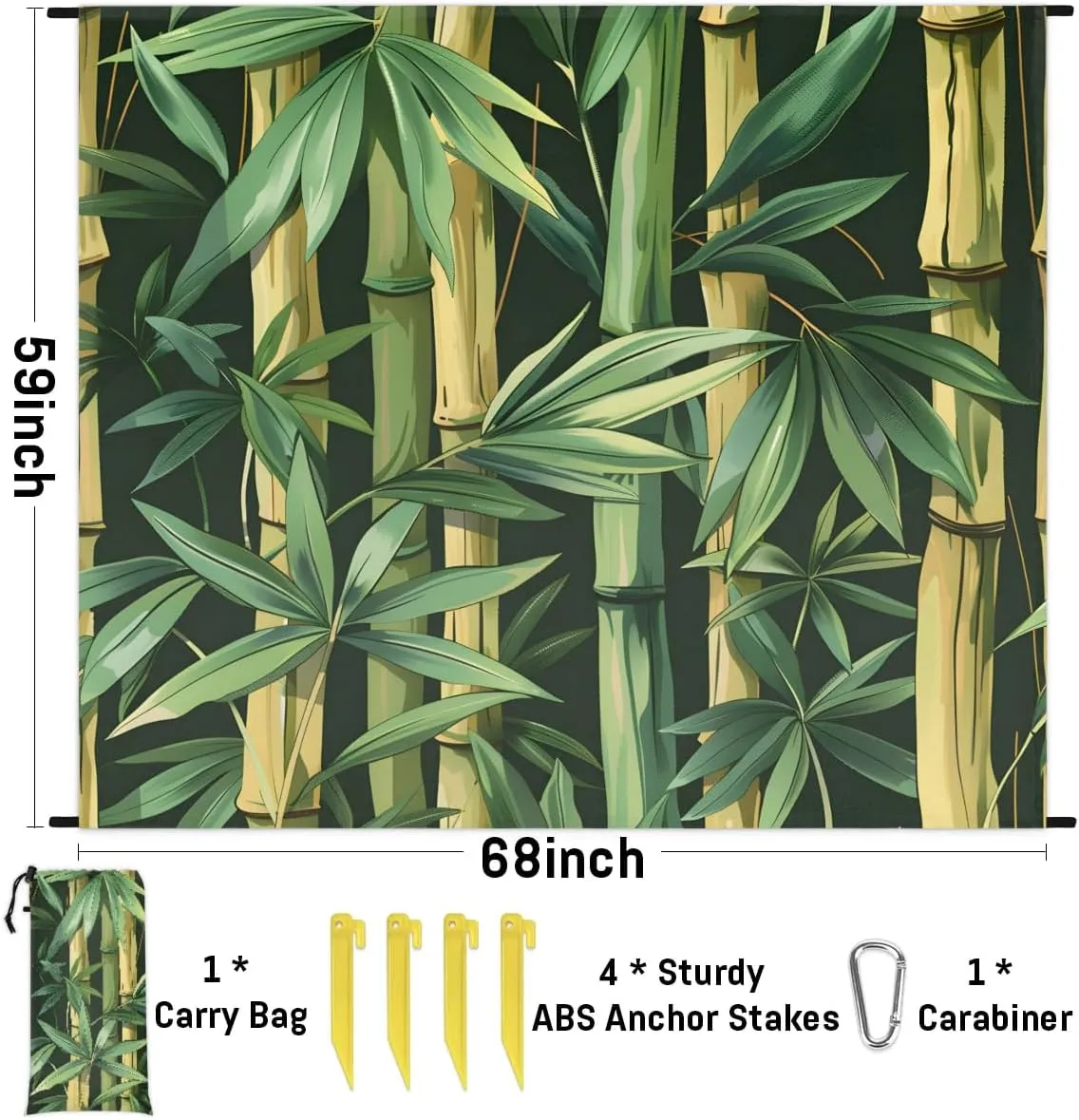 Beach Blanket, Jungle Sandproof Beach Mat, Waterproof Quick Drying Sand Free Mat with 4 x Ground Spikes for Outdoor Travel Camping Hiking, Tropical Nature Bamboo 68 x 59 in