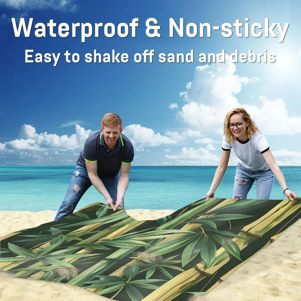 Beach Blanket, Jungle Sandproof Beach Mat, Waterproof Quick Drying Sand Free Mat with 4 x Ground Spikes for Outdoor Travel Camping Hiking, Tropical Nature Bamboo 68 x 59 in