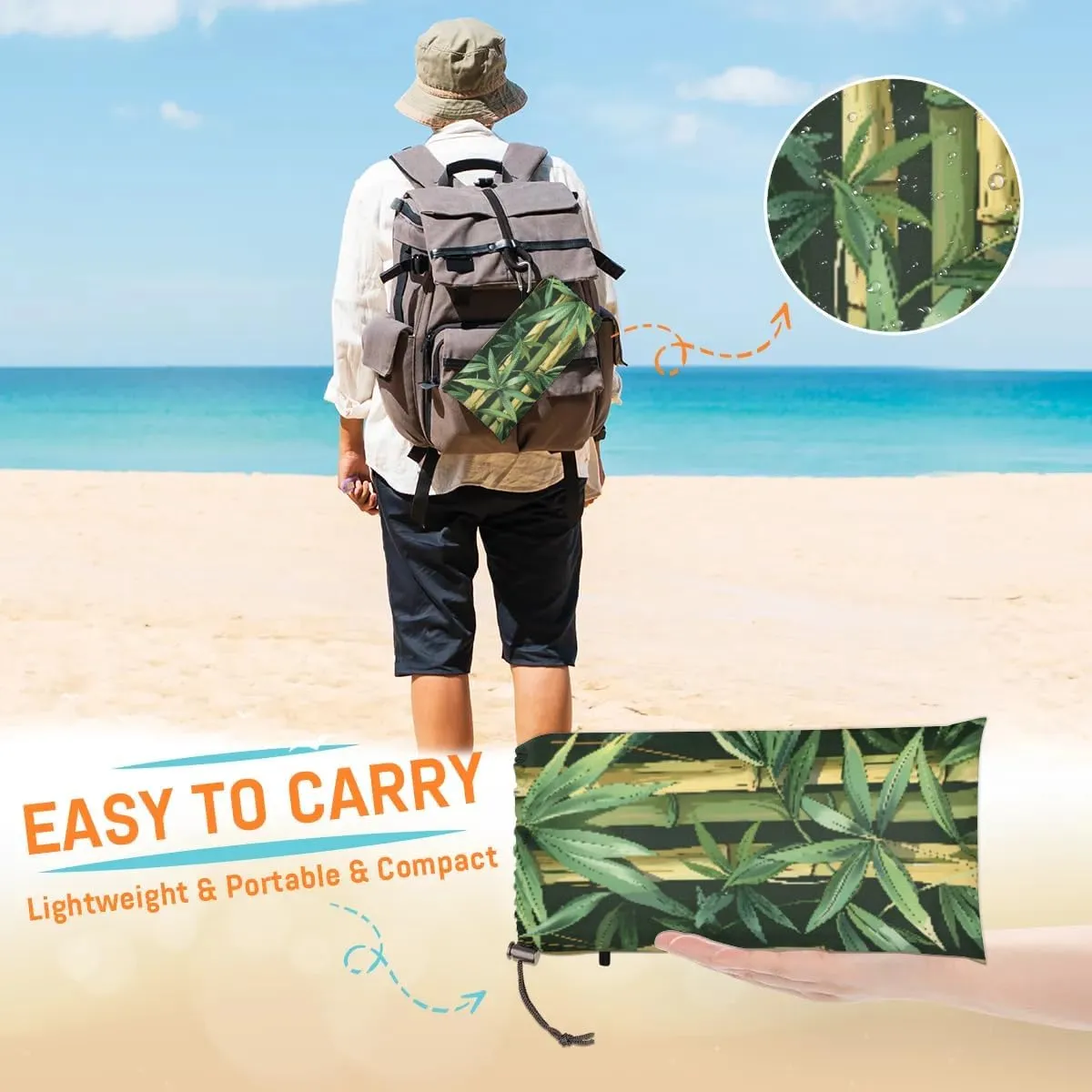 Beach Blanket, Jungle Sandproof Beach Mat, Waterproof Quick Drying Sand Free Mat with 4 x Ground Spikes for Outdoor Travel Camping Hiking, Tropical Nature Bamboo 68 x 59 in