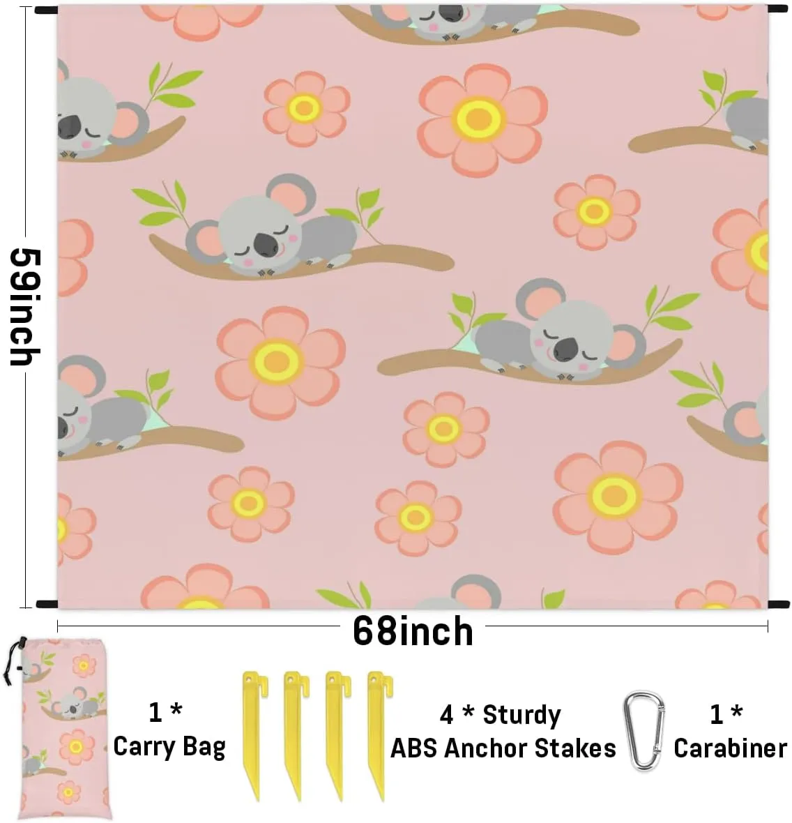 Beach Blanket, Koala Sandproof Beach Mat, Waterproof Quick Drying Sand Free Mat with 4 x Ground Spikes for Outdoor Travel Camping Hiking, Cute Cartoon Koala 68 x 59 in