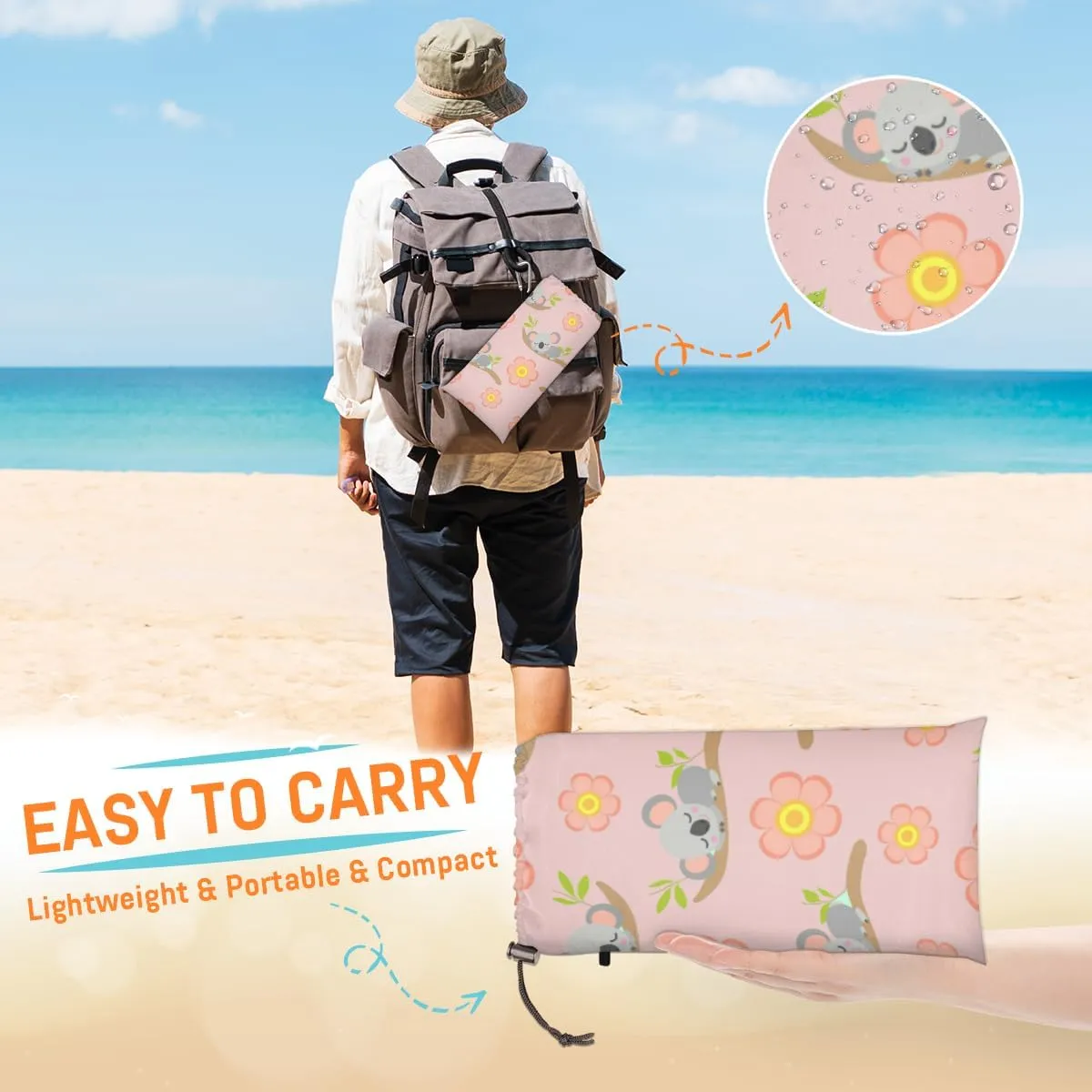 Beach Blanket, Koala Sandproof Beach Mat, Waterproof Quick Drying Sand Free Mat with 4 x Ground Spikes for Outdoor Travel Camping Hiking, Cute Cartoon Koala 68 x 59 in