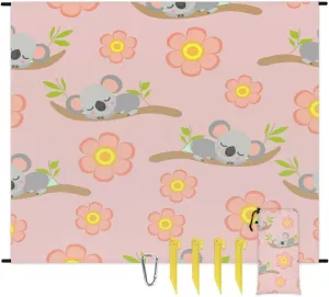 Beach Blanket, Koala Sandproof Beach Mat, Waterproof Quick Drying Sand Free Mat with 4 x Ground Spikes for Outdoor Travel Camping Hiking, Cute Cartoon Koala 68 x 59 in