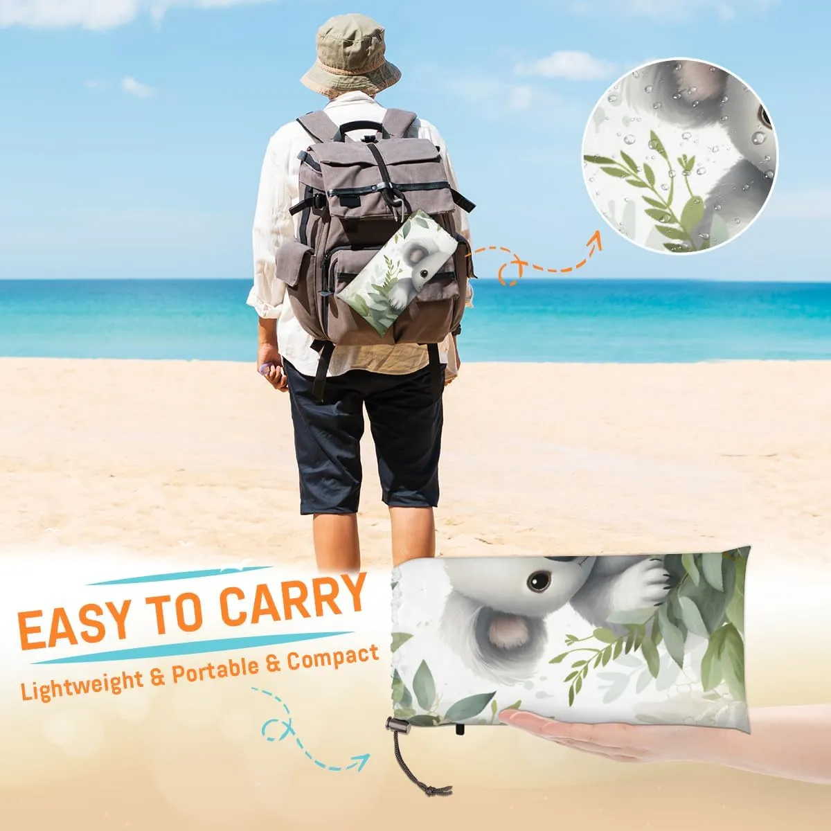 Beach Blanket, Koala Sandproof Beach Mat, Waterproof Quick Drying Sand Free Mat with 4 x Ground Spikes for Outdoor Travel Camping Hiking, Cute Koala 68 x 59 in