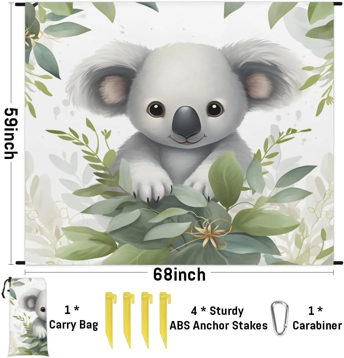 Beach Blanket, Koala Sandproof Beach Mat, Waterproof Quick Drying Sand Free Mat with 4 x Ground Spikes for Outdoor Travel Camping Hiking, Cute Koala 68 x 59 in