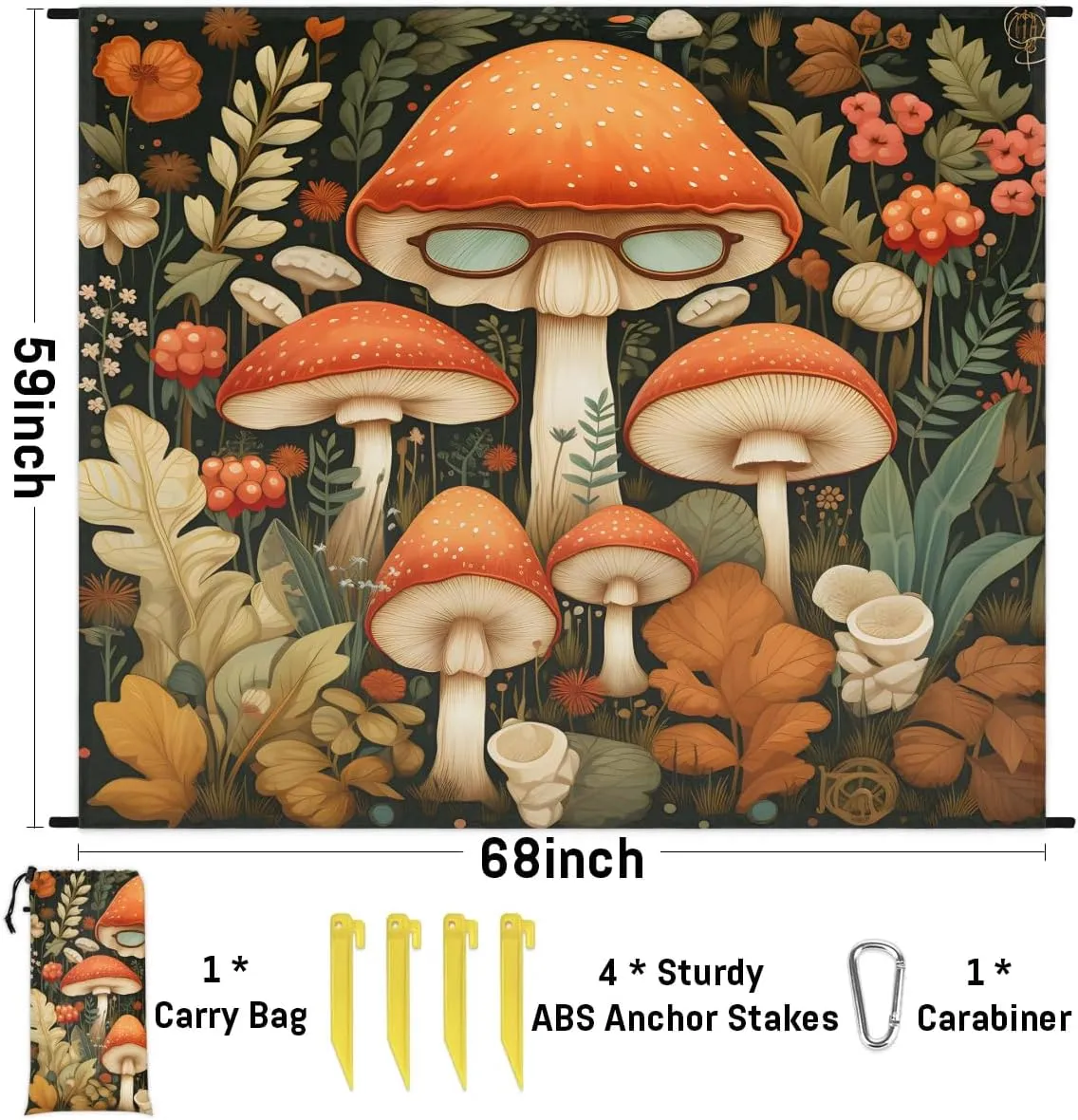 Beach Blanket, Mushroom Sandproof Beach Mat, Waterproof Quick Drying Sand Free Mat with 4 x Ground Spikes for Outdoor Travel Camping Hiking, Boho Cute Retro Mushroom 68 x 59 in