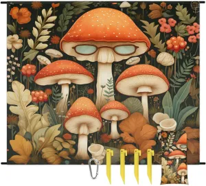 Beach Blanket, Mushroom Sandproof Beach Mat, Waterproof Quick Drying Sand Free Mat with 4 x Ground Spikes for Outdoor Travel Camping Hiking, Boho Cute Retro Mushroom 68 x 59 in