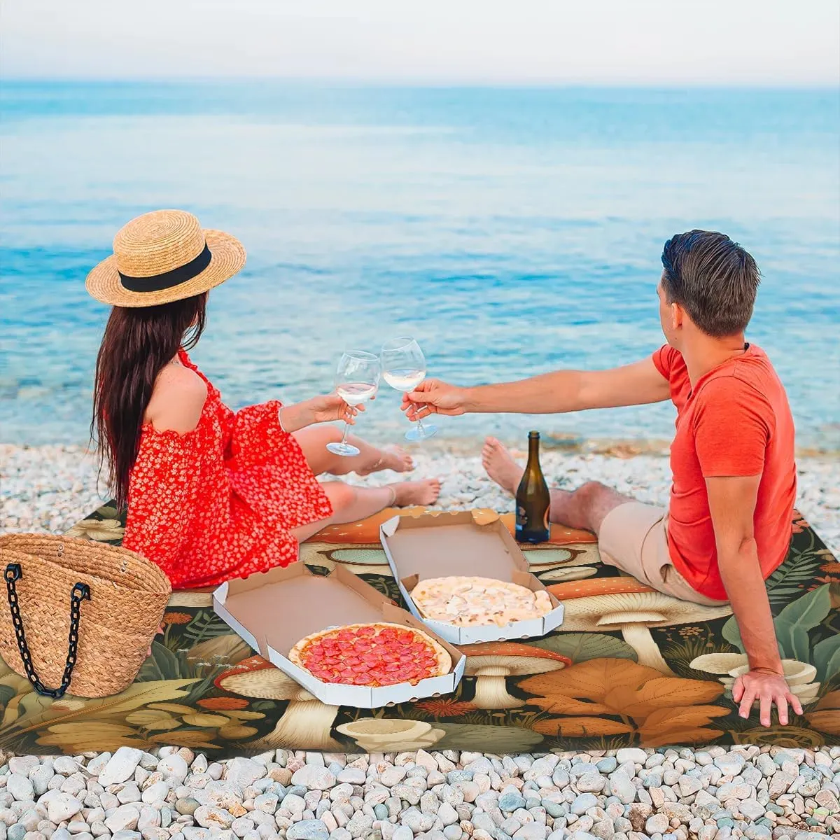 Beach Blanket, Mushroom Sandproof Beach Mat, Waterproof Quick Drying Sand Free Mat with 4 x Ground Spikes for Outdoor Travel Camping Hiking, Boho Cute Retro Mushroom 68 x 59 in