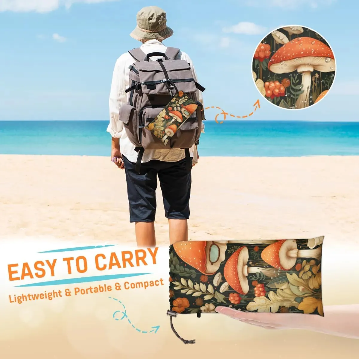 Beach Blanket, Mushroom Sandproof Beach Mat, Waterproof Quick Drying Sand Free Mat with 4 x Ground Spikes for Outdoor Travel Camping Hiking, Boho Cute Retro Mushroom 68 x 59 in