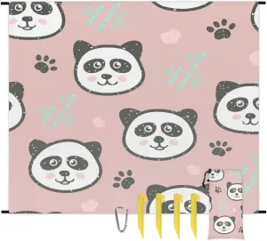 Beach Blanket, Panda Sandproof Beach Mat, Waterproof Quick Drying Sand Free Mat with 4 x Ground Spikes for Outdoor Travel Camping Hiking, Cute Panda 68 x 59 in