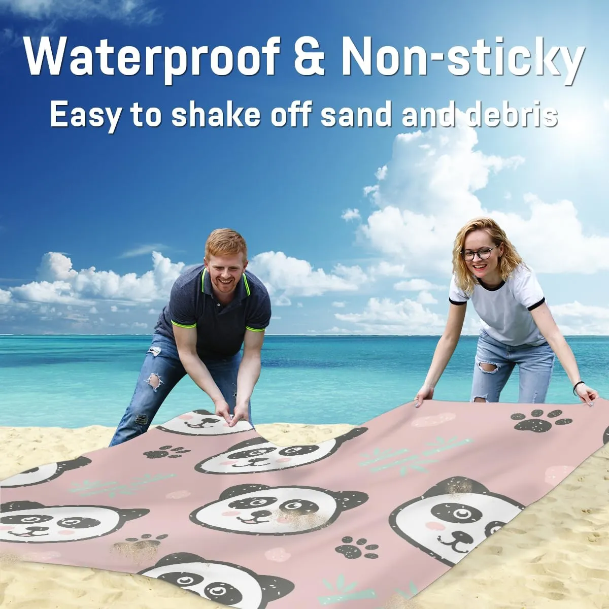 Beach Blanket, Panda Sandproof Beach Mat, Waterproof Quick Drying Sand Free Mat with 4 x Ground Spikes for Outdoor Travel Camping Hiking, Cute Panda 68 x 59 in