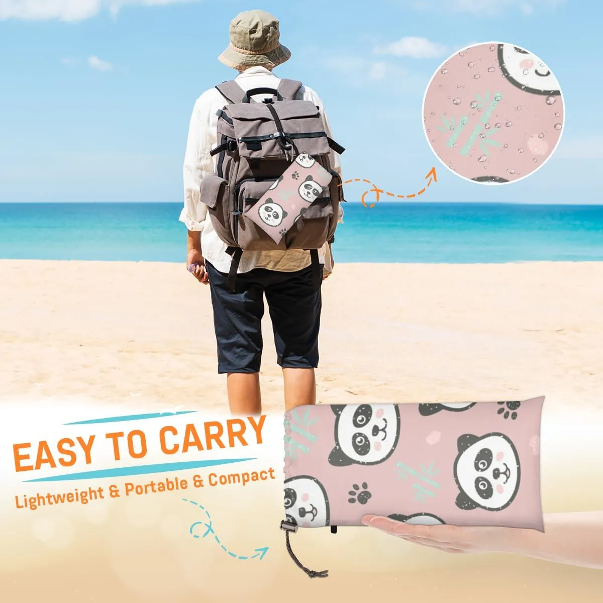 Beach Blanket, Panda Sandproof Beach Mat, Waterproof Quick Drying Sand Free Mat with 4 x Ground Spikes for Outdoor Travel Camping Hiking, Cute Panda 68 x 59 in