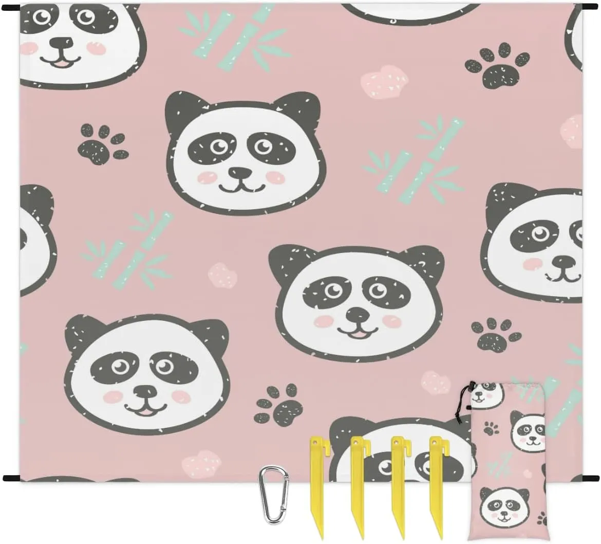 Beach Blanket, Panda Sandproof Beach Mat, Waterproof Quick Drying Sand Free Mat with 4 x Ground Spikes for Outdoor Travel Camping Hiking, Cute Panda 68 x 59 in