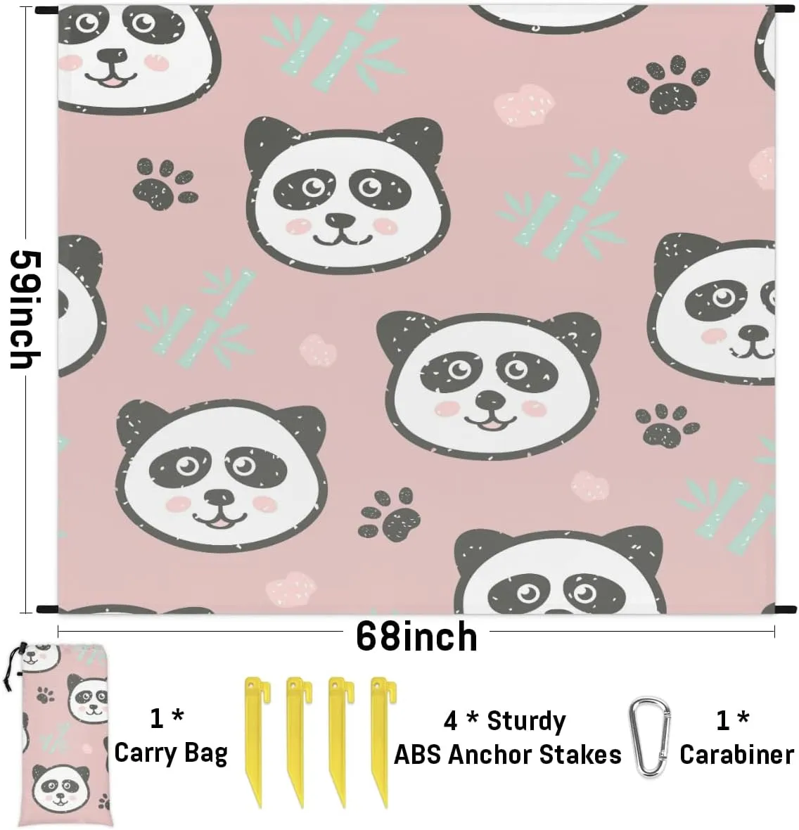 Beach Blanket, Panda Sandproof Beach Mat, Waterproof Quick Drying Sand Free Mat with 4 x Ground Spikes for Outdoor Travel Camping Hiking, Cute Panda 68 x 59 in