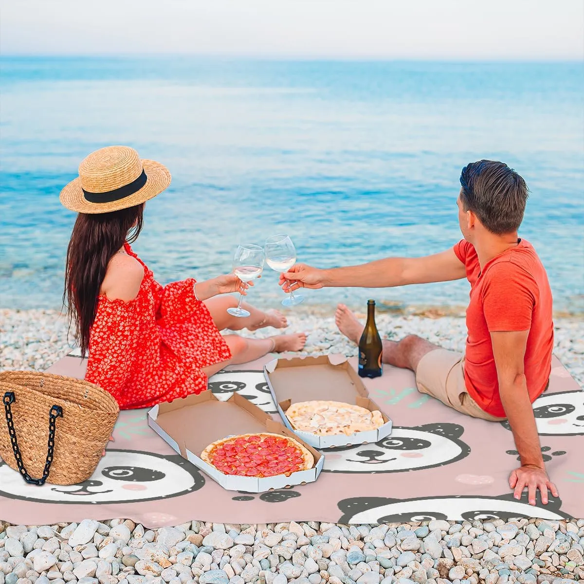 Beach Blanket, Panda Sandproof Beach Mat, Waterproof Quick Drying Sand Free Mat with 4 x Ground Spikes for Outdoor Travel Camping Hiking, Cute Panda 68 x 59 in