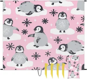 Beach Blanket, Penguins Sandproof Beach Mat, Waterproof Quick Drying Sand Free Mat with 4 x Ground Spikes for Outdoor Travel Camping Hiking, Cute Penguins 68 x 59 in