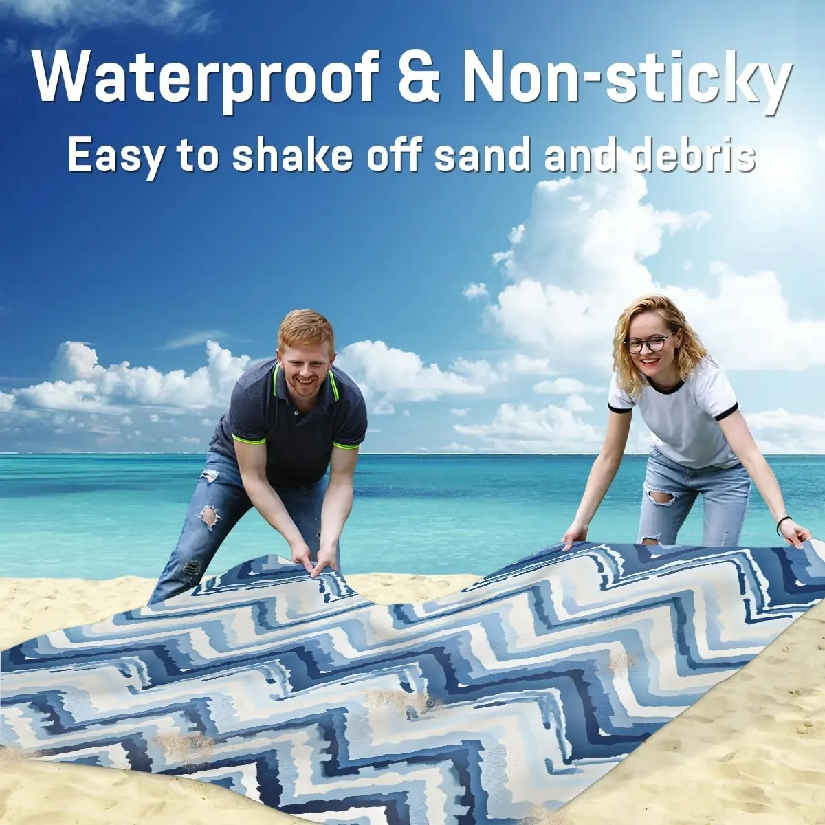 Beach Blanket, Stripes Chevrons Pattern Sandproof Beach Mat, Waterproof Quick Drying Sand Free Mat with 4 x Ground Spikes for Outdoor Travel Camping Hiking, Blue Chevrons 68 x 59 in