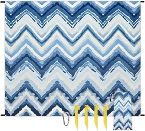 Beach Blanket, Stripes Chevrons Pattern Sandproof Beach Mat, Waterproof Quick Drying Sand Free Mat with 4 x Ground Spikes for Outdoor Travel Camping Hiking, Blue Chevrons 68 x 59 in
