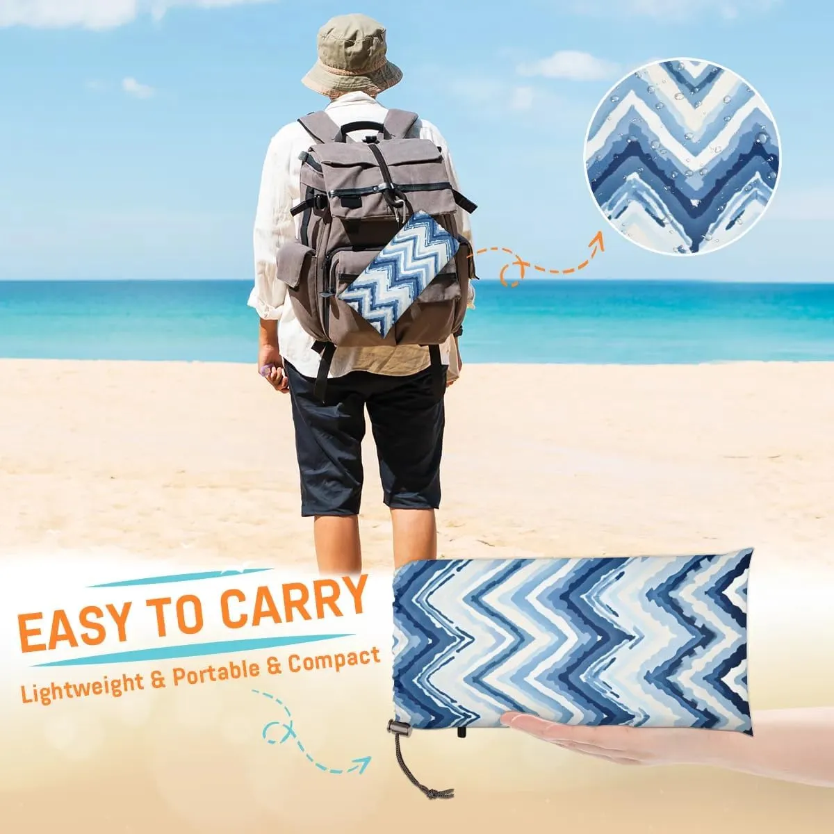 Beach Blanket, Stripes Chevrons Pattern Sandproof Beach Mat, Waterproof Quick Drying Sand Free Mat with 4 x Ground Spikes for Outdoor Travel Camping Hiking, Blue Chevrons 68 x 59 in