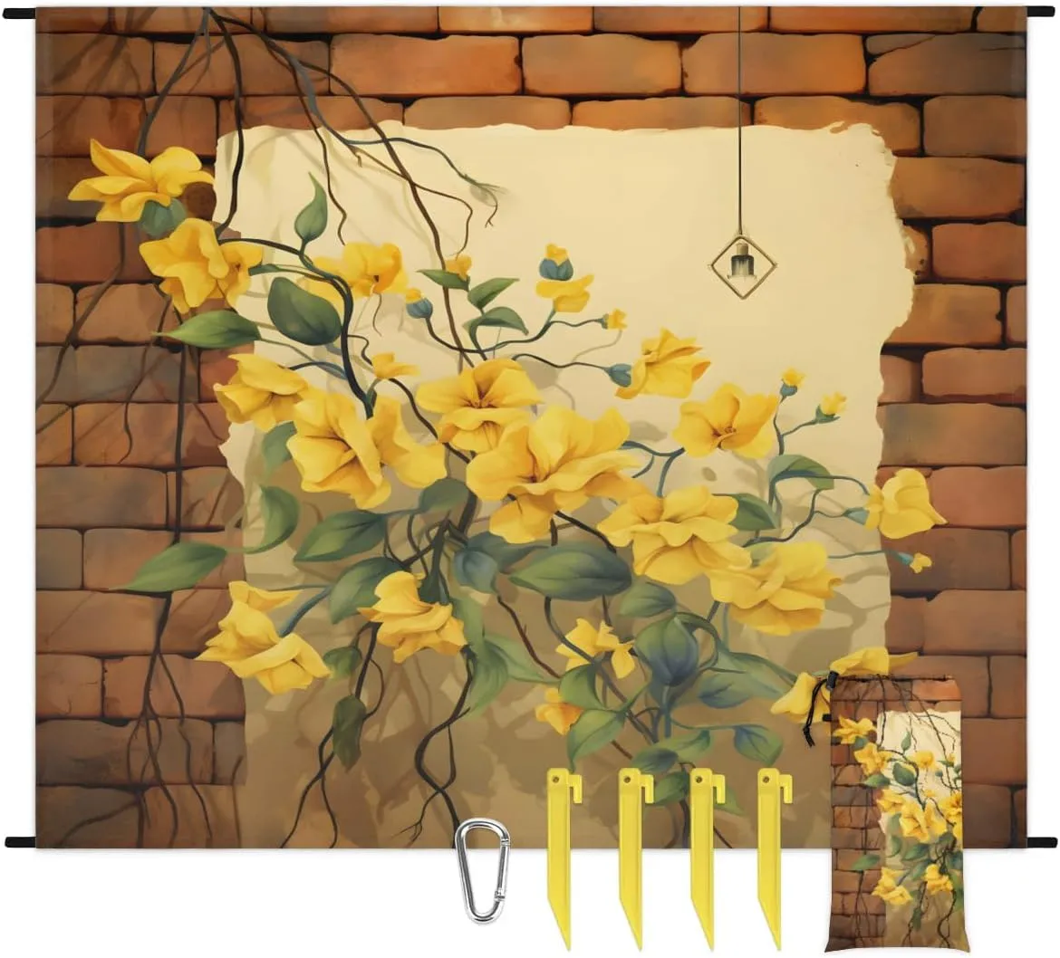 Beach Blanket, Yellow Flowers Sandproof Beach Mat, Waterproof Quick Drying Sand Free Mat with 4 x Ground Spikes for Outdoor Travel Camping Hiking, Rustic Farmhouse 68 x 59 in