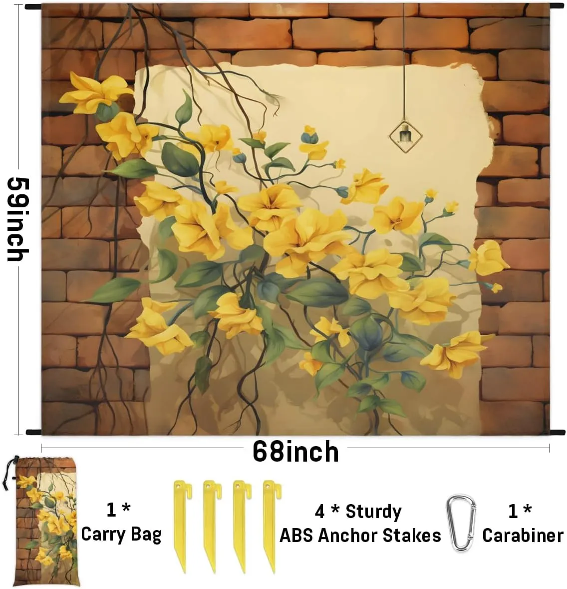 Beach Blanket, Yellow Flowers Sandproof Beach Mat, Waterproof Quick Drying Sand Free Mat with 4 x Ground Spikes for Outdoor Travel Camping Hiking, Rustic Farmhouse 68 x 59 in