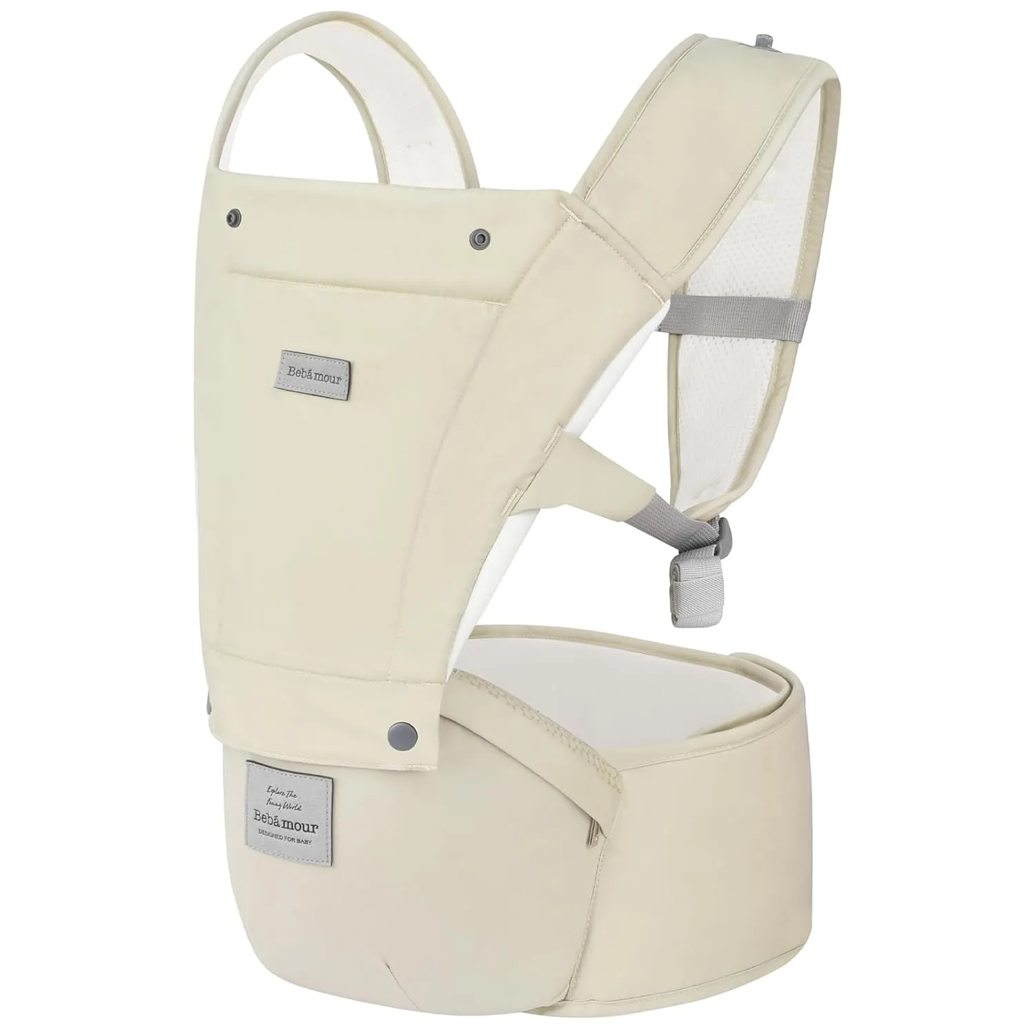 Bebamour Baby Carrier Safety-Certified Hip Seat Baby Carrier Newborn to Toddler Baby Hipseat 0-36Months with Head Hood, 3 PCS Teething Pads, Waist Extender & Storage Bag (Khaki)