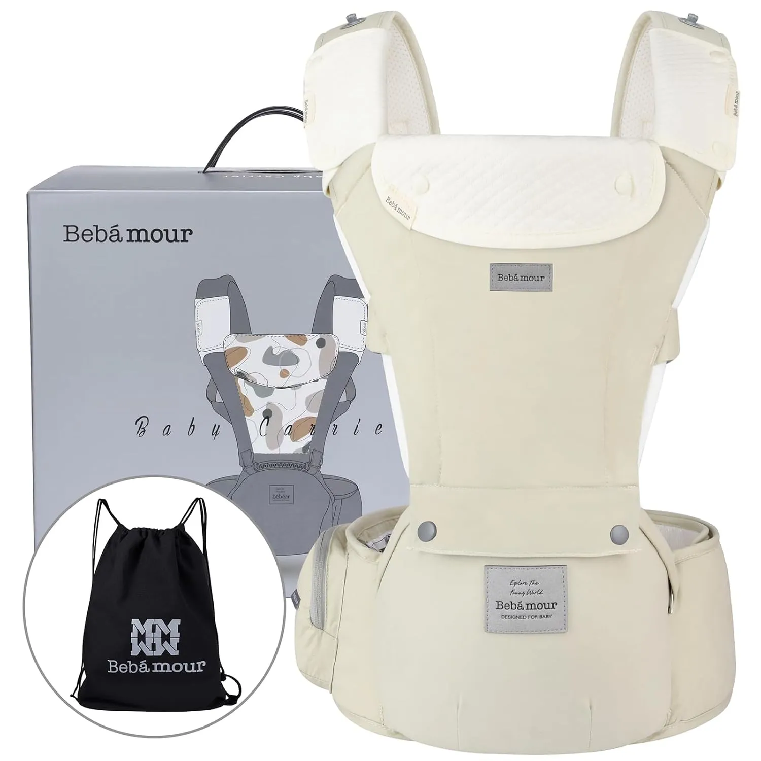 Bebamour Baby Carrier Safety-Certified Hip Seat Baby Carrier Newborn to Toddler Baby Hipseat 0-36Months with Head Hood, 3 PCS Teething Pads, Waist Extender & Storage Bag (Khaki)