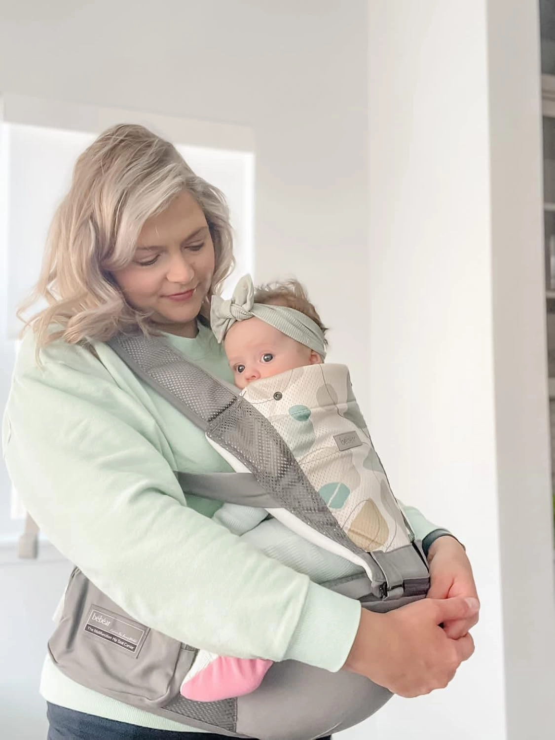 Bebamour Baby Carrier Newborn to Toddler-2 in 1 Hip Seat & Carrier Front and Back Carry with Head Hood & 3 Pieces Teething Pads& Waist Extenders & Storage Bag 0-36 Months (New Grey)
